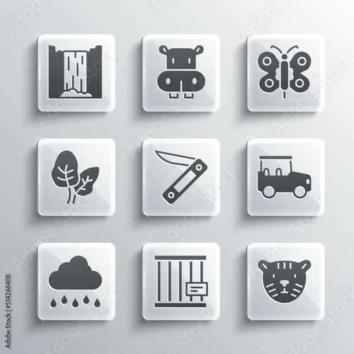 Set Animal cage, Tiger head, Safari car, Swiss army knife, Cloud with rain, Tropical leaves, Waterfall and Butterfly icon. Vector