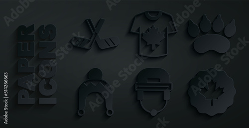 Set Hockey helmet, Bear paw footprint, Winter hat, Canadian maple leaf, jersey and Ice hockey sticks icon. Vector