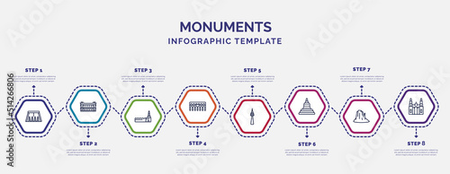 infographic template with icons and 8 options or steps. infographic for monuments concept. included abu simbel, moscow, segovia aqueduct, , borobudur, canyon, cathedral icons.