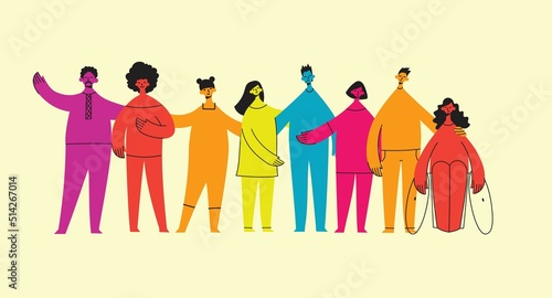 Group of people men, women are standing together. Concept of diversity, equality, tolerance, multicultural society. Vector set of multicultural people.