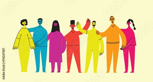 Group of people men, women are standing together. Concept of diversity, equality, tolerance, multicultural society. Vector set of multicultural people.