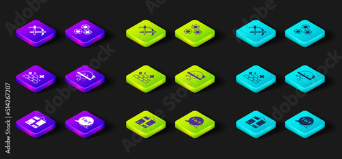 Set Mine entrance, Dynamite, Gold bars, Miner helmet, Gem stone and Pickaxe icon. Vector