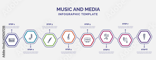 infographic template with icons and 8 options or steps. infographic for music and media concept. included music keyboard, clarinet, saxophone, television screen off, octave clef, charging plug,