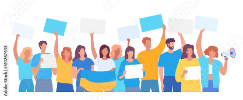 Protesting people support Ukraine standing with flag and posters wearing blue yellow clother