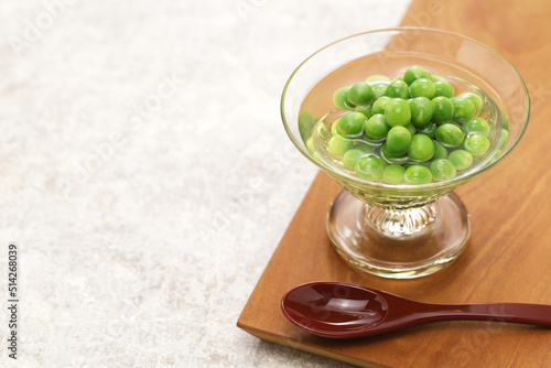 Boiled green peas for a short time and then soaked in Japanese dashi soup stock, Japanese cuisine photo