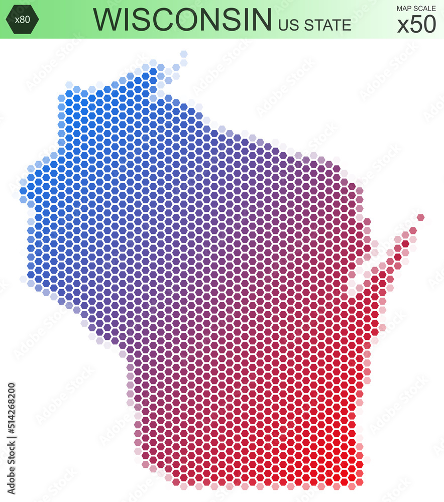Dotted map of the state of Wisconsin in the USA, from hexagons, on a scale of 50x50 elements. With rough edges from the gradient and a smooth gradient from one color to another.