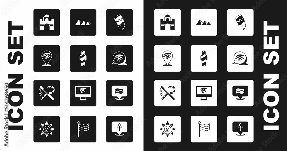 Set Nefertiti, Egypt mummy, Eye of Horus, Egyptian house, pyramids, Flag Of and Crook and flail icon. Vector Set Nefertiti, Egypt mummy, Eye of Horus, Egyptian house, pyramids, Flag Of and Crook and flail icon. Vector