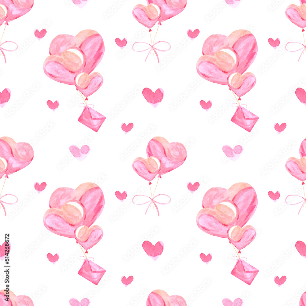 Handdrawn heart balloons seamless pattern. Watercolor pink hearts and love letter on the white background. Scrapbook design, typography poster, label, banner, textile.