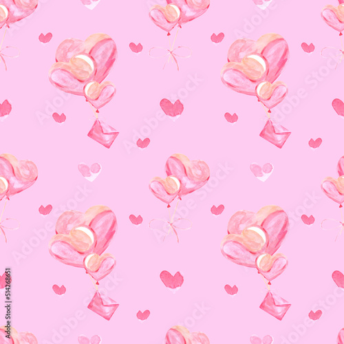 Handdrawn heart balloons seamless pattern. Watercolor pink hearts and love letter on the pink background. Scrapbook design, typography poster, label, banner, textile.