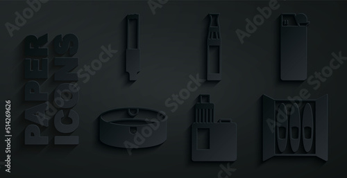 Set Vape mod device, Lighter, Ashtray, Cigar, Electronic cigarette and Cigarette icon. Vector