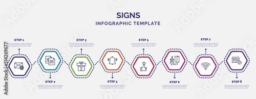 infographic template with icons and 8 options or steps. infographic for signs concept. included mail, gift shop, alarm, superior, emergency exit, wireless network, instruction icons. photo