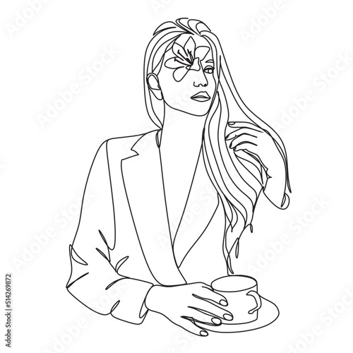 Abstract woman with a cup of fragrant coffee. One line vector drawing. Portrait minimalistic style. Nature cosmetics symbol. Modern continuous line art. Fashion print.