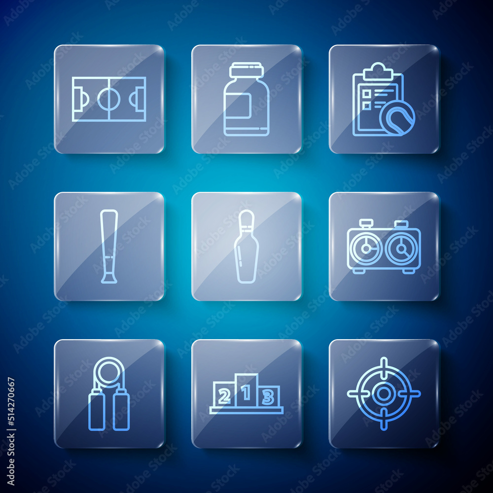 Set line Sport expander, Award over sports winner podium, Target, Checklist clipboard tennis ball, Bowling pin, Baseball bat, Football soccer field and Time chess clock icon. Vector Set line Sport expander, Award over sports winner podium, Target, Checklist clipboard tennis ball, Bowling pin, Baseball bat, Football soccer field and Time chess clock icon. Vector