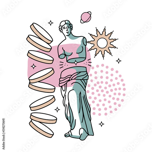 Isolated concept with Female Silhouette of Greek trippy sculpture. Surreal antique statue with abstract shapes, cosmic elements. Linear vector illustration with abstract spots Y2K style of 1990s.
