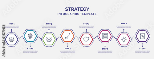 infographic template with icons and 8 options or steps. infographic for strategy concept. included balance, partner, path, heart, list, creativity, phonebook icons.