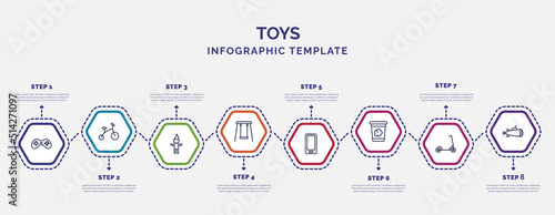 infographic template with icons and 8 options or steps. infographic for toys concept. included gamepad toy, troll toy, swing toy, telephone dough skate submarine icons.