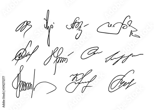 Vector signature. Autograph hand drawn. Scrawl signature. Handwritten fake autograph. Handwriting scribble by pen. Written black sign isolated on white background. Writing sketch. Write scribbles line