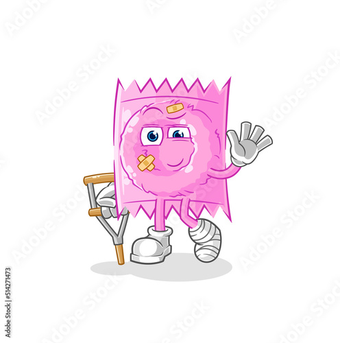 condom sick with limping stick. cartoon mascot vector