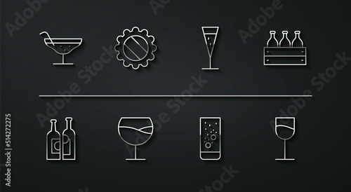 Set line Cocktail, Bottles of wine, wooden box, Effervescent tablets water, Wine glass, cap, and Glass champagne icon. Vector