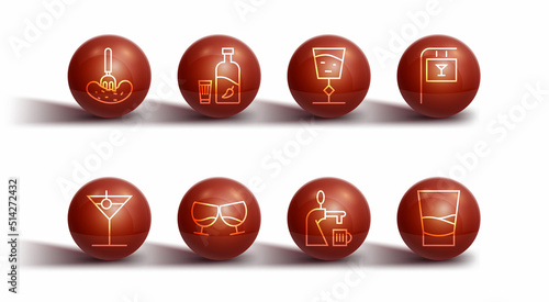 Set line Pickled cucumber on a fork, Martini glass, Street signboard with Bar, Beer tap, Glass of cognac brandy, Vodka pepper, vodka and Wine icon. Vector