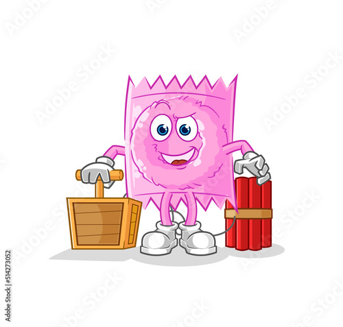 condom holding dynamite detonator. cartoon mascot vector