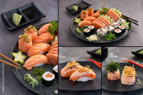 Special sushi collection. Different kinds of sushi on slate background. Three pictures for 1.
