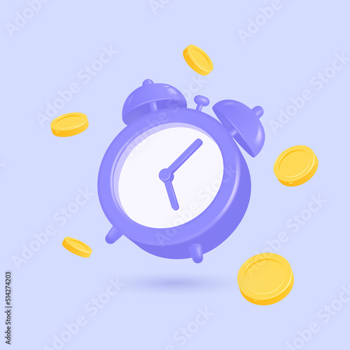 3d alarm clock and gold coins in a realistic style. money investment concept, loans, income and financial savings, fast money. vector illustration