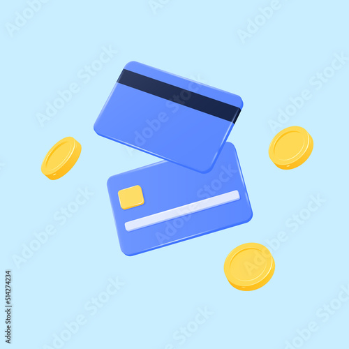 3d plastic credit cards and golden coins in flight. realistic vector illustration isolated on blue background.