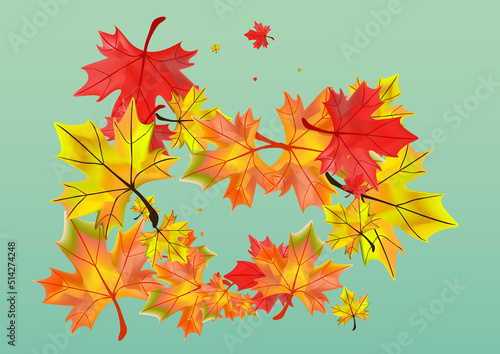 Golden Foliage Background Green Vector. Leaves Seasonal Template. Red October Plant. Down Floral Design.