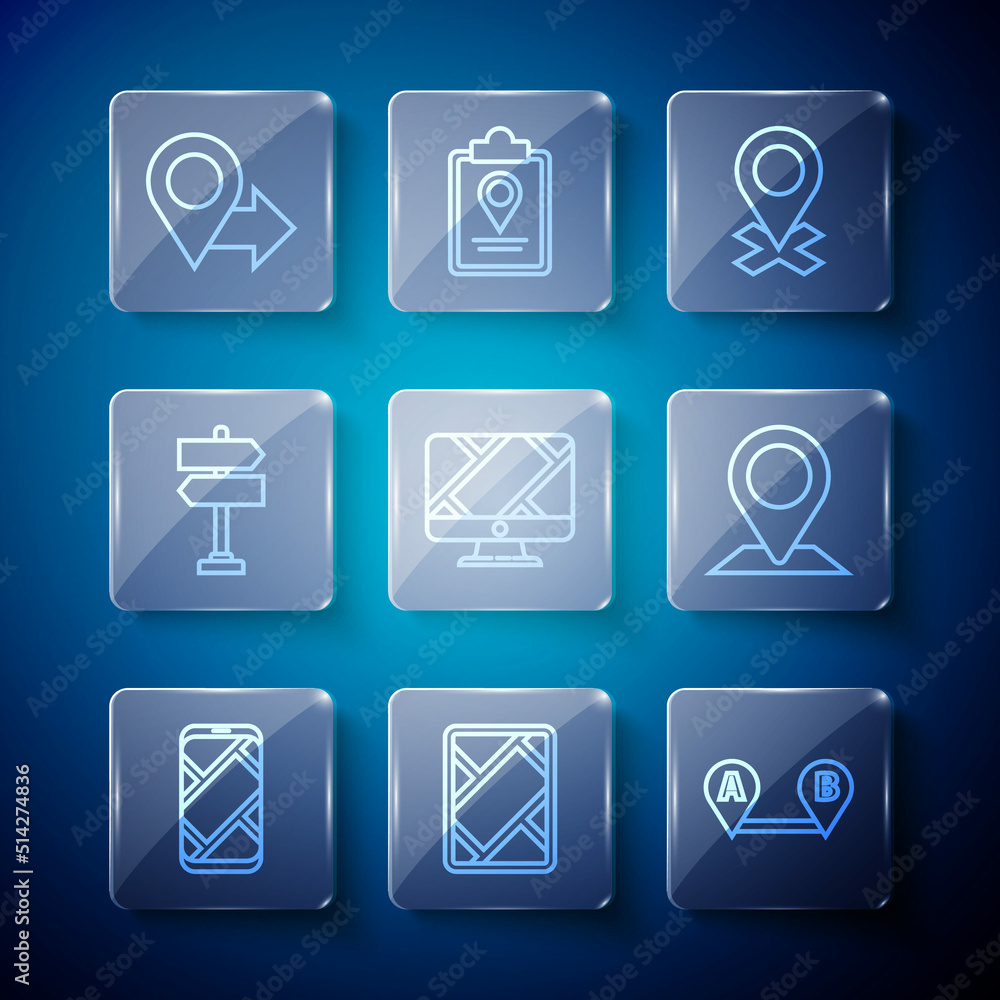 Set line City map navigation, Gps device with, Route location, Location, Monitor marker, Road traffic sign, and icon. Vector Set line City map navigation, Gps device with, Route location, Location, Monitor marker, Road traffic sign, and icon. Vector