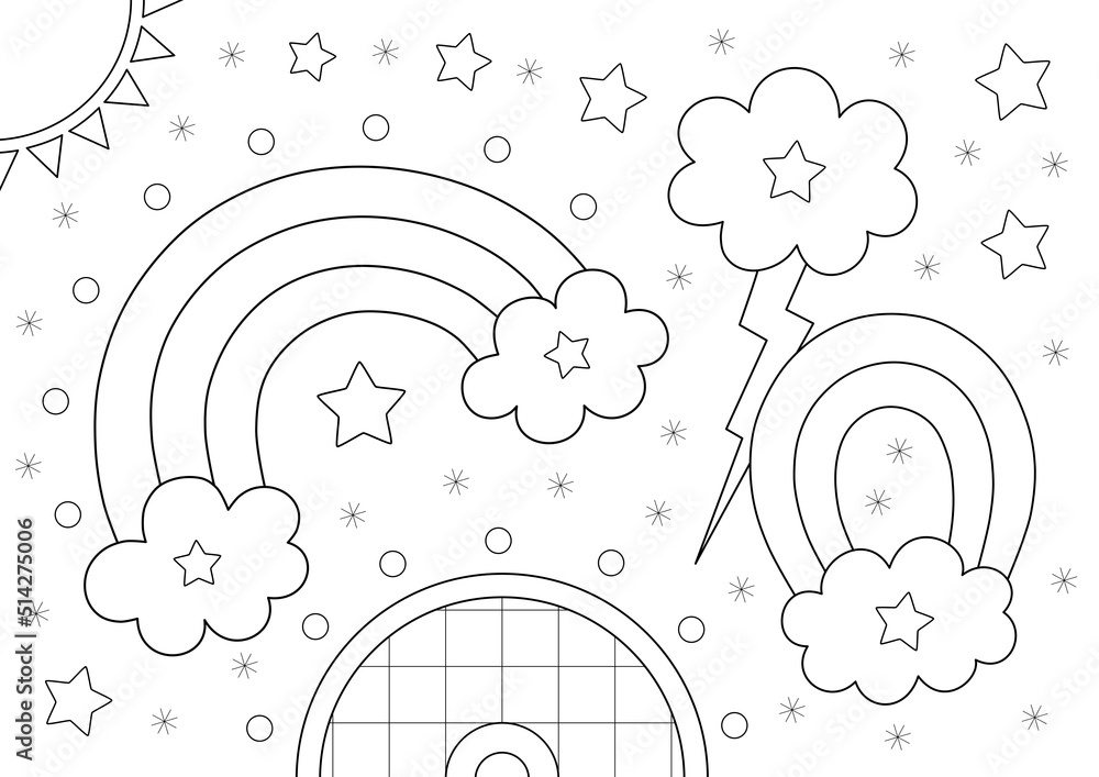 rainbow, clouds and stars coloring page for kids. cute black and white  design that you can print on a4 size paper Stock-Illustration | Adobe Stock