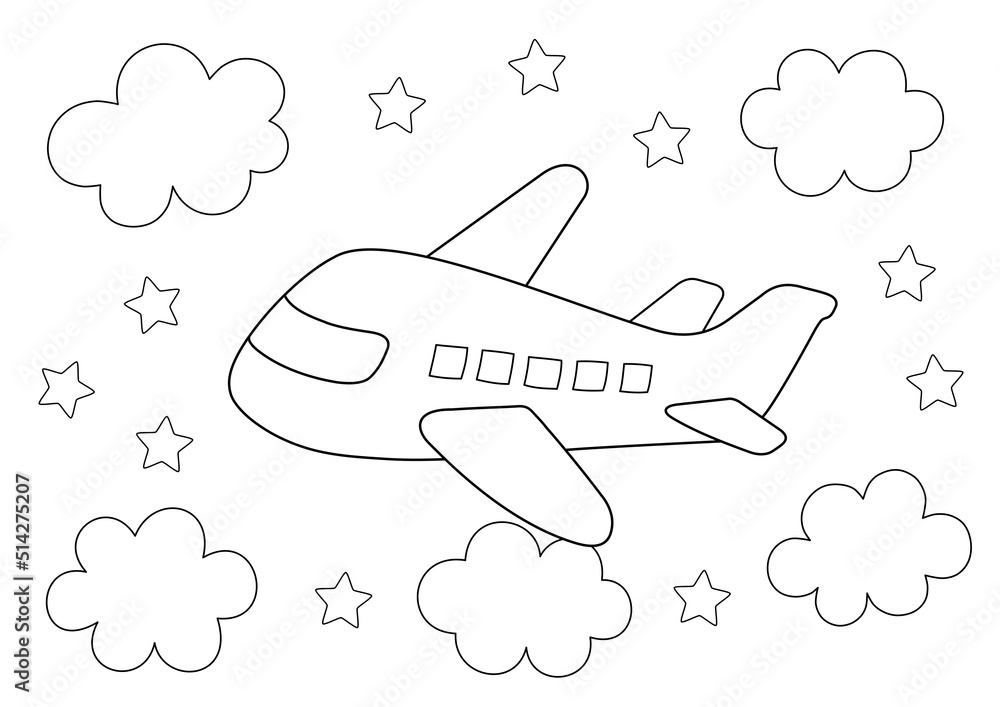 easy coloring page for kids. an airplane flying in the sky among clouds and  stars. you can print it on a4 size paper Stock Illustration