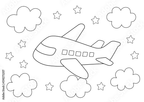 easy coloring page for kids. an airplane flying in the sky among clouds and stars. you can print it on a4 size paper photo