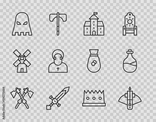 Set line Crossed medieval axes, Battle crossbow with arrow, Castle, fortress, Medieval sword, Executioner mask, Monk, King crown and Old bottle of wine icon. Vector