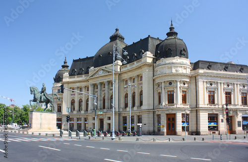 Library of Central University and monument to Carol I in Bucharest, Romania