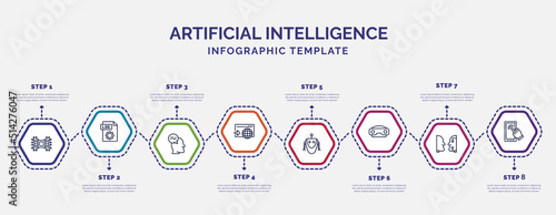 infographic template with icons and 8 options or steps. infographic for artificial intelligence concept. included artificial intelligence, thought, visit, robot, stereoscope, turing test, touch