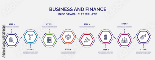 infographic template with icons and 8 options or steps. infographic for business and finance concept. included revision, binder, print document, trial hammer, monthly wall calendar, spending,