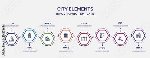 infographic template with icons and 8 options or steps. infographic for city elements concept. included church, motel, government buildings, gate, tower crane, slide, city hall icons.