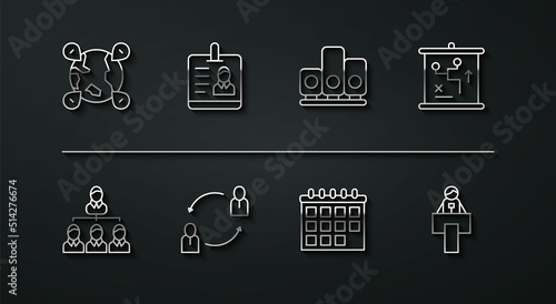Set line Location on the globe, Hierarchy organogram chart, Planning strategy concept, Calendar, Human resources, Identification badge, Stage stand tribune and Ranking star icon. Vector