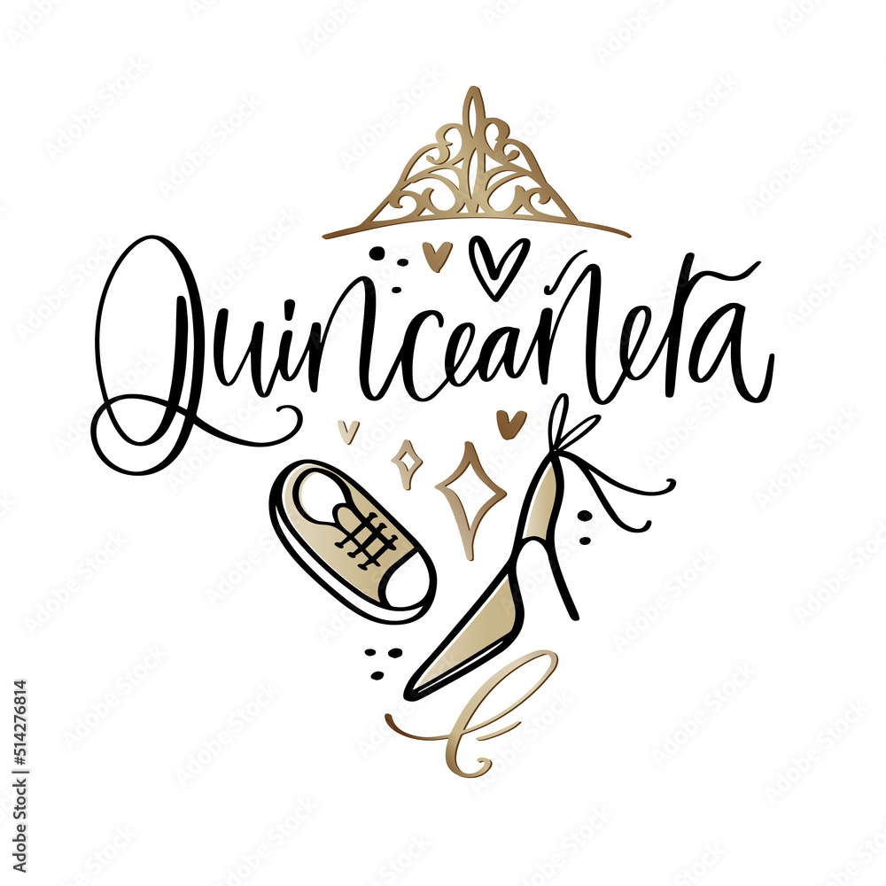 Quinceañera vector design with gold tiara, elegant high heel shoe and