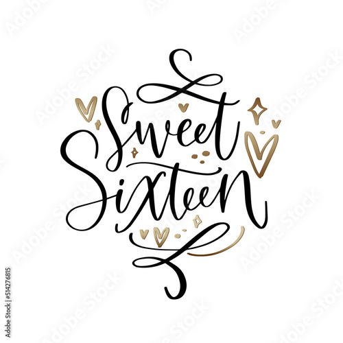 Sweet sixteen calligraphy vector design for 16th Birthday party of a teenage girl. Modern calligraphy greeting card or banner in gold, white and black neutral colors.