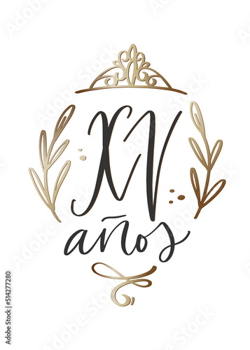Quinceañera card with XV años text which translates 15 years from Spanish. Luxury black, white and gold vector design for fifteenth birthday, teenage girl celebration in Latin countries.