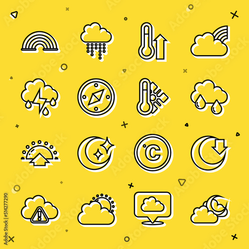Set line Cloud with moon, Moon, rain, Meteorology thermometer, Compass, and lightning, Rainbow and icon. Vector