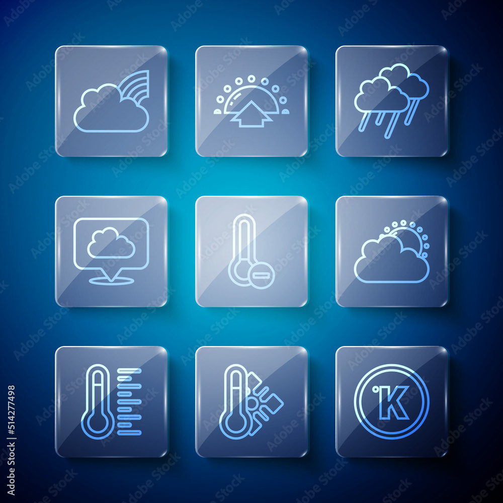 Set line Meteorology thermometer, Kelvin, Cloud with rain, Location cloud, Rainbow clouds and Sun and weather icon. Vector Set line Meteorology thermometer, Kelvin, Cloud with rain, Location cloud, Rainbow clouds and Sun and weather icon. Vector
