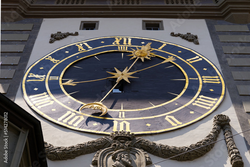 Close-up of clock face of clock tower named Zytglogge at the old town of Bern on a sunny summer day. Photo taken June 16th, 2022, Bern, Switzerland.