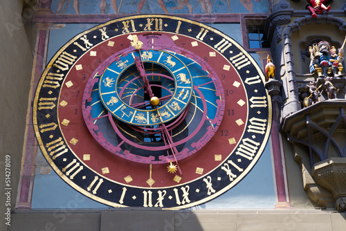 Close-up of clock face of clock tower named Zytglogge at the old town of Bern on a sunny summer day. Photo taken June 16th, 2022, Bern, Switzerland.