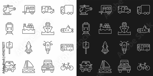 Set line Bicycle, Bus, Submarine, Minibus, Cargo ship with boxes, Train and railway, Helicopter and icon. Vector