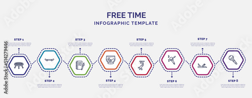 infographic template with icons and 8 options or steps. infographic for free time concept. included jumping, write, fish tank, bungee jumping, concert, multitool, karaoke icons.