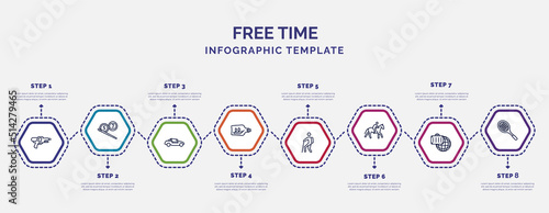 infographic template with icons and 8 options or steps. infographic for free time concept. included water gun, buggy, ship in a bottle, trekking, riding, traveling, tennis racket icons.