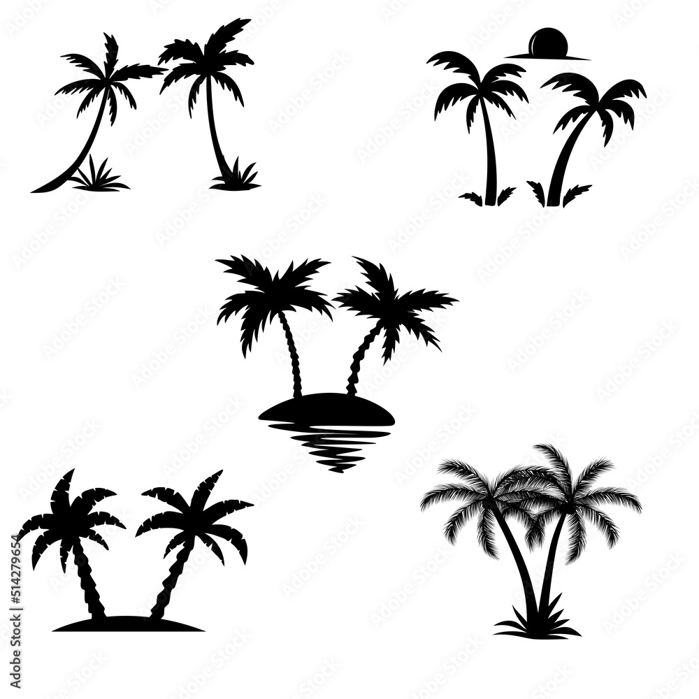 Set black palm trees isolated on a white background. Design of palm